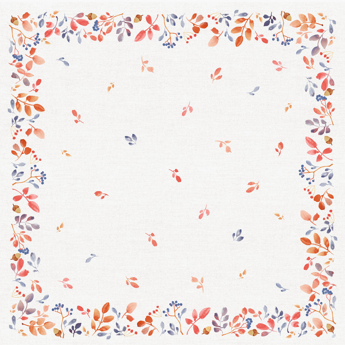 Ein weißer, quadratischer Hintergrund mit einer Umrandung aus aquarellierten Herbstblättern und Beeren schafft ein einfaches, symmetrisches Design - perfekt für die Herbst-Tischdekoration und wunderschön in Kombination mit der Duni GmbH Bio-Dunicel-Mitteldecke 84x84cm Autumn Gradient (20 Stück).