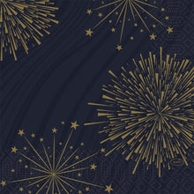 Ciemnoniebieskie tło ze złotymi fajerwerkami i geometrycznymi wzorami dodaje elegancji każdej uroczystości - idealne dla serwetek Duni GmbH 33x33 3-warstwowe 1/4 Sparkly black, opakowanie (250 sztuk).