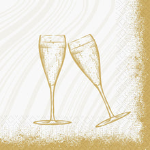 Prosty złoty rysunek dwóch kieliszków do szampana na białym tle ze złotymi plamkami - idealny dla serwetek Duni GmbH 33 3-warstwowe 1/4 Sparkly Cheers białe (50 sztuk) na stylowe przyjęcia lub uroczystości.