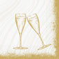 Prosty złoty rysunek dwóch kieliszków do szampana na białym tle ze złotymi plamkami - idealny dla serwetek Duni GmbH 33 3-warstwowe 1/4 Sparkly Cheers białe (50 sztuk) na stylowe przyjęcia lub uroczystości.