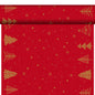 Eine Rolle rotes Geschenkpapier mit goldenen stilisierten Weihnachtsbäumen, Sternen und Schneeflocken passt perfekt zum Duni GmbH Bio-Dunicel-Tete a Tete 0,4x24m für eine festliche und nachhaltige Tischdekoration.