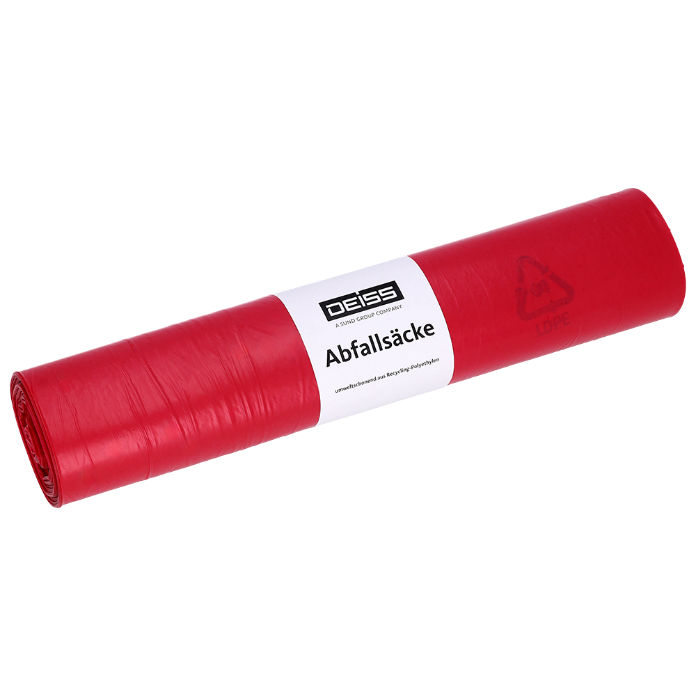 Eine Rolle EMIL DEISS KG (GmbH + Co.) DEISS 21720 Müllsäcke, 575x1000 mm in rot, 25 Säcke pro Rolle, mit weißem Etikett mit der Aufschrift "DEISS Abfallsäcke" und Recyclingsymbolen, abgebildet auf einem schlichten weißen Hintergrund.