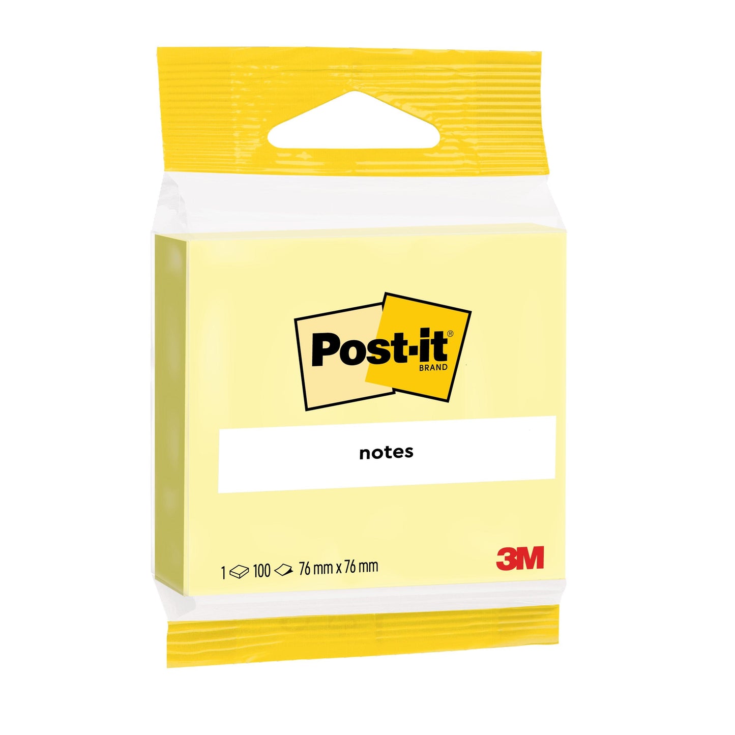 Opakowanie żółtych karteczek samoprzylepnych Post-it® od 3M Deutschland GmbH z 100 arkuszami (76 mm x 76 mm) na blok, 1 blok/opakowanie, i 100% certyfikowane przez PEFC (SGSCH-PEFC-COC-110078).