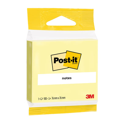 Opakowanie żółtych karteczek samoprzylepnych Post-it® od 3M Deutschland GmbH z 100 arkuszami (76 mm x 76 mm) na blok, 1 blok/opakowanie, i 100% certyfikowane przez PEFC (SGSCH-PEFC-COC-110078).