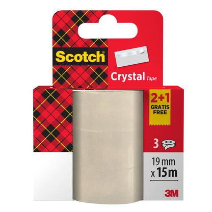 Scotch® Crystal Klebeband pakiet promocyjny od 3M: Trzy rolki (19 mm x 15 m), z czego jedna gratis. Przezroczysta taśma klejąca do codziennego użytku. Opakowanie z czerwonym wzorem w kratkę i żółtą etykietą "2+1 GRATIS".