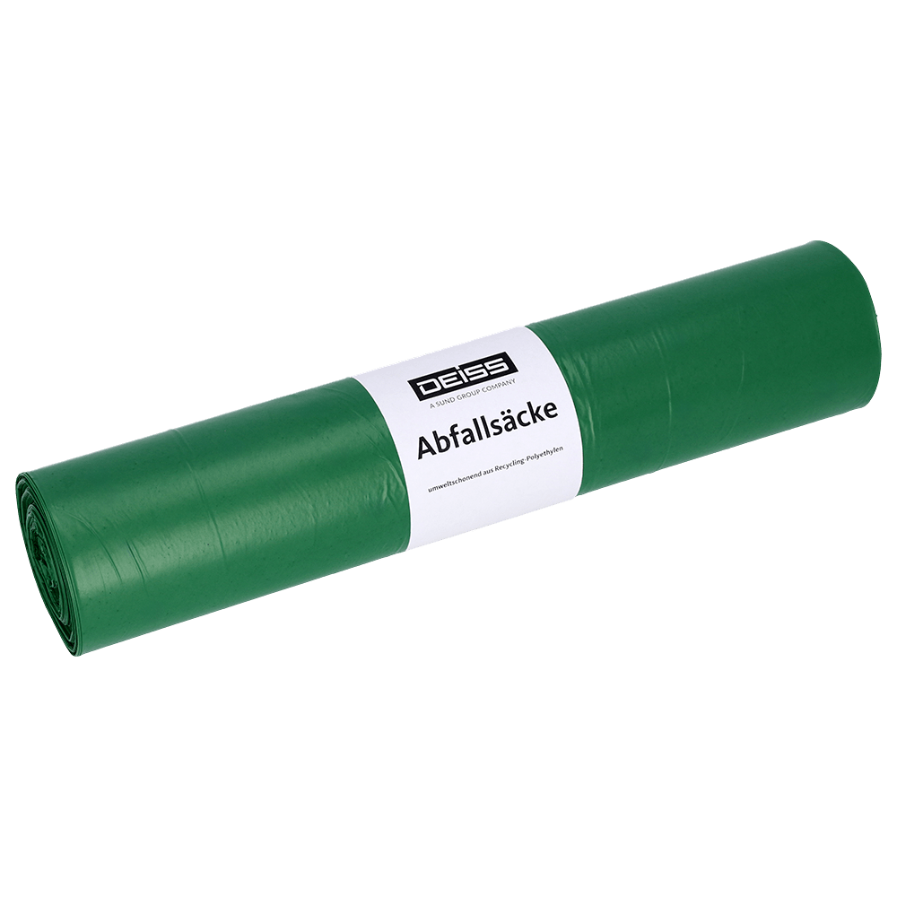 Na zdjęciu widoczna jest rolka worków na śmieci EMIL DEISS KG (GmbH + Co.), DEISS 22012 - 700x1100 mm Typ 60 zielony (25 worków), z białą etykietą "worki na śmieci", na białym tle.