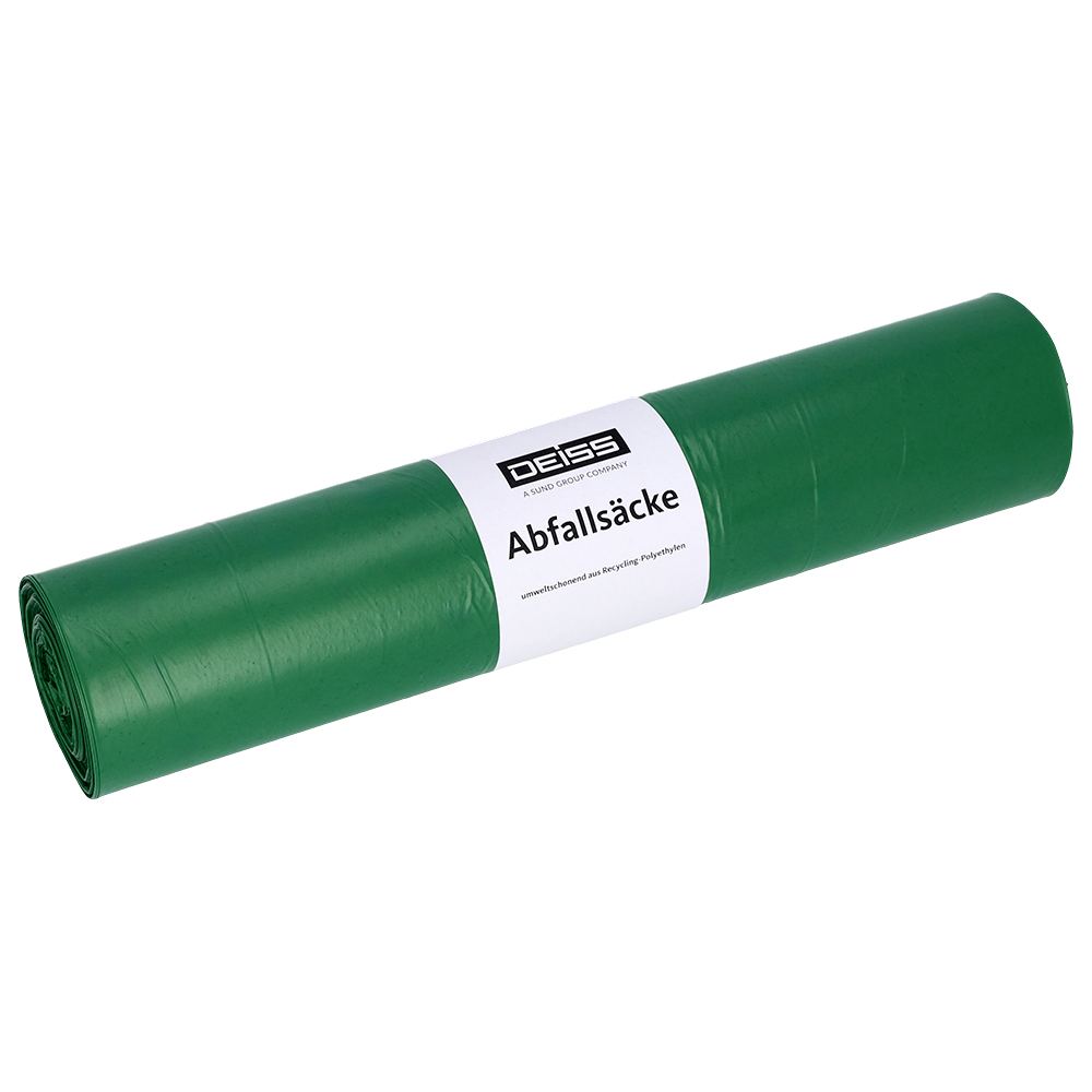 Abgebildet ist eine Rolle grüner EMIL DEISS KG (GmbH + Co.) Müllsäcke mit der Aufschrift "DEISS 22054 - 700x1100 mm grün | Rolle (25 Stück)" und einem weißen Etikett mit der Aufschrift "Abfallsäcke" vor einem schlichten weißen Hintergrund.