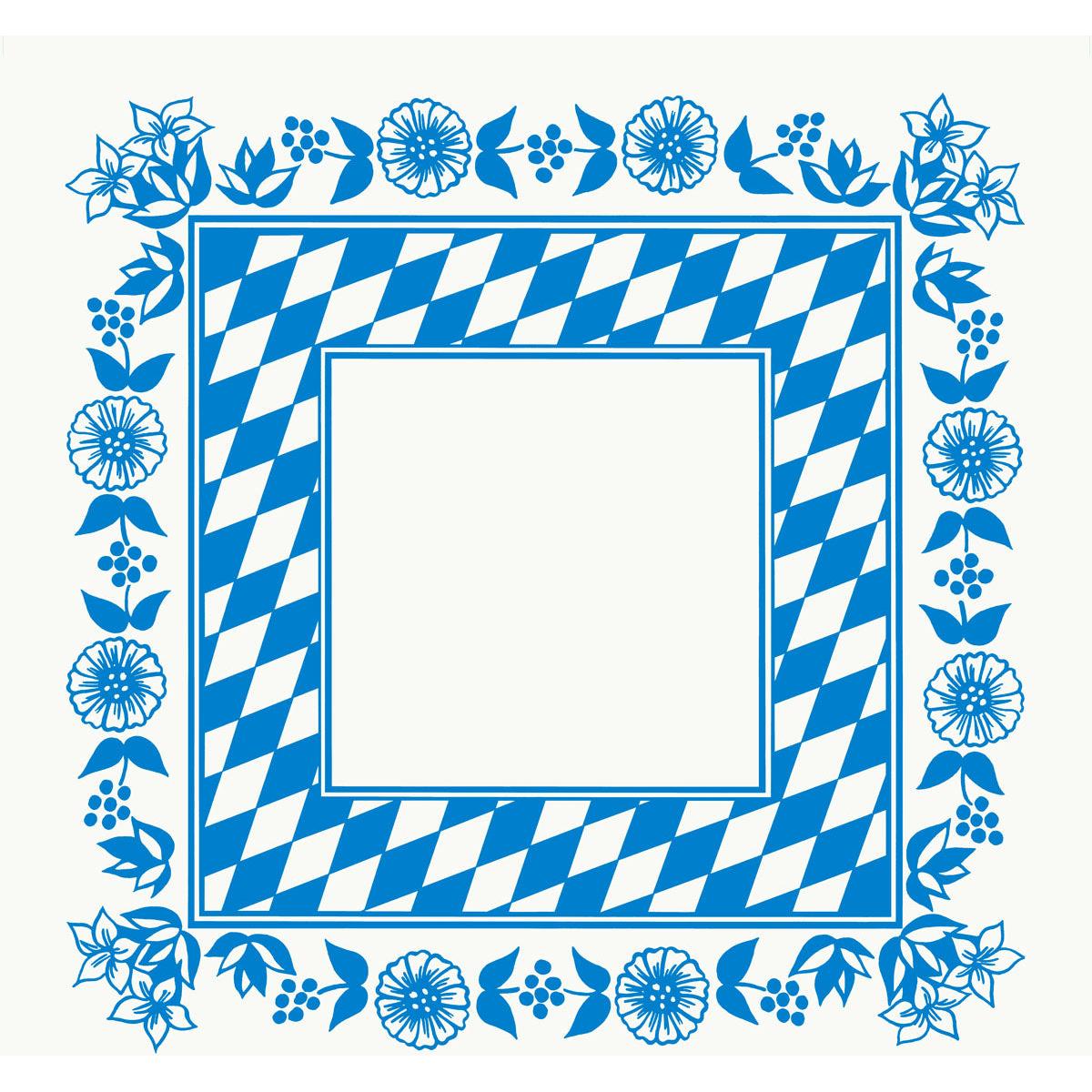 Kwadratowy obrus Dunicel 84x84 cm firmy Duni GmbH z niebiesko-białą bordiurą w kształcie bawarskiej kratki, niebieską ramką kwiatową na białym tle i pustym środkiem - idealny do stylowej dekoracji stołu. Opakowanie: 20 sztuk.
