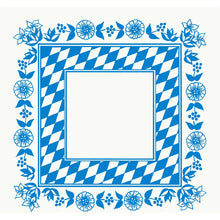 Kwadratowy obrus Dunicel 84x84 cm firmy Duni GmbH z niebiesko-białą bordiurą w kształcie bawarskiej kratki, niebieską ramką kwiatową na białym tle i pustym środkiem - idealny do stylowej dekoracji stołu. Opakowanie: 20 sztuk.