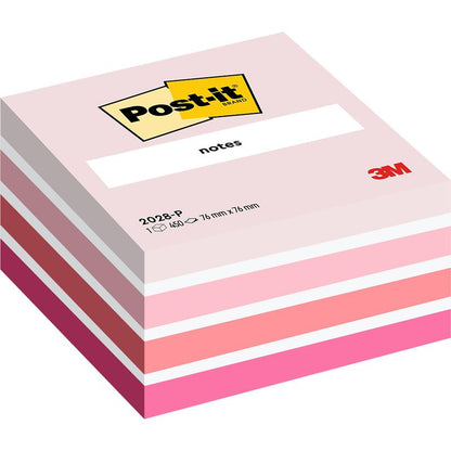 Stos karteczek samoprzylepnych 3M Post-it® Notes, 76 x 76 mm, 450 arkuszy na blok, w odcieniach różu z logo 3M i napisem "notes" na górze; wyprodukowane przez 3M Deutschland GmbH, z certyfikatem 100% PEFC.