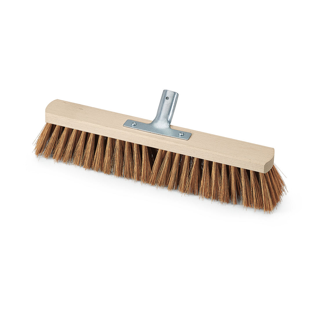 Der Nölle Profi Brush Saalbesen Poly-Kokos mit Metallstielhalter von Nölle Profi Brush Bürsten- & Pinseltechnik e.K. hat einen hellen Holzblock, steife braune Borsten und einen Metallstielhalter, abgebildet auf weißem Hintergrund.