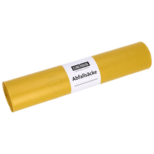 Na zdjęciu jest żółta rolka worków na śmieci DEISS z recyklingu LDPE 70 l (25 sztuk) firmy EMIL DEISS KG (GmbH + Co.) z białą etykietą "DEISS Abfallsäcke" na białym tle.