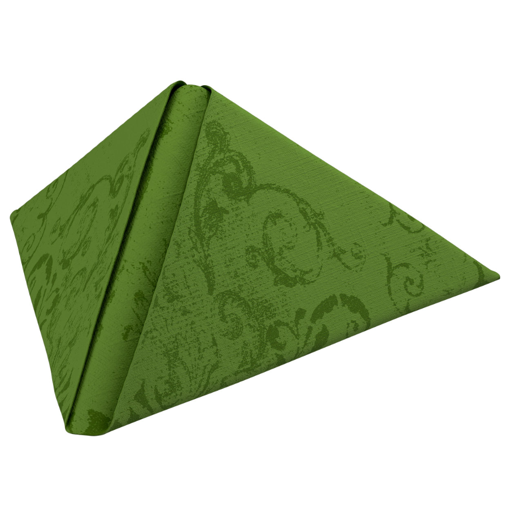Ta serwetka Dunilin® wyprodukowana przez firmę Duni GmbH ma wymiary 40 x 40 cm, jest elegancko złożona w formę piramidy i prezentuje opulentny design z artystycznym, wirującym wzorem.