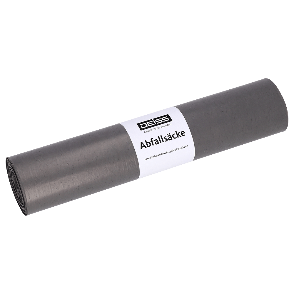 Szare worki na śmieci DEISS 24022 (700x1100 mm Typ 100, 15 sztuk) firmy EMIL DEISS KG z białą opaską pośrodku stoją na prostym białym tle - idealne do ciężkiego usuwania odpadów.