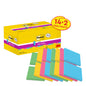 Żółte pudełko z karteczkami samoprzylepnymi Post-it® Super Sticky Z-Notes (3M Deutschland GmbH), 76x76 mm, 14 bloków + 2 gratis, pokazuje niebieskie, różowe, żółte i zielone karteczki; 100% certyfikowane przez PEFC (SGSCH-PEFC-COC-110078), 90 arkuszy/blok.