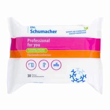 Opakowanie 30 chusteczek do dezynfekcji powierzchni Dr. Schumacher GmbH Professional for you w kolorach białym, różowym i pomarańczowym do czyszczenia powierzchni bez pozostawiania śladów, z symbolami czyszczenia na opakowaniu.