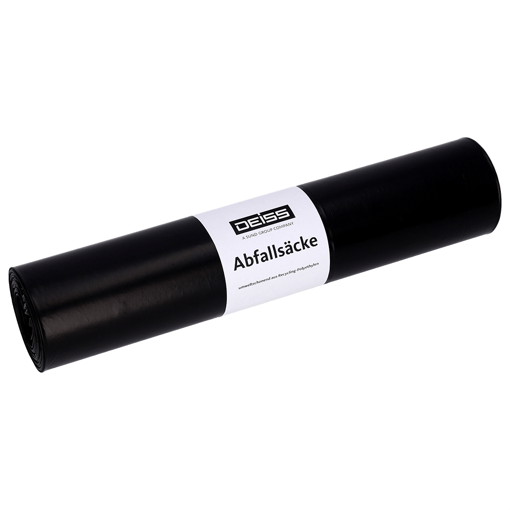 Rolka czarnych worków na śmieci EMIL DEISS KG (GmbH + Co.) DEISS 25002 (500+200x1100x0,1 mm, 10 sztuk) z białą etykietą "DEISS Abfallsäcke" na prostym, jasnoszarym tle - wszechstronnie zastosowalne.