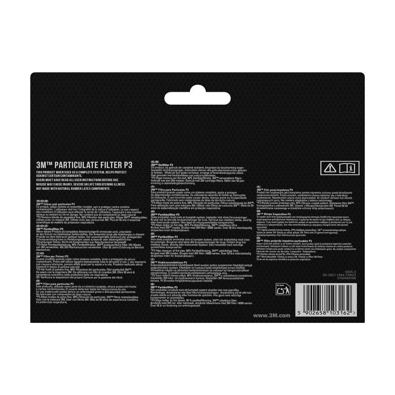 Tył opakowania filtra cząsteczkowego 3M™ 5925, P2, 10 par/opakowanie (3M Deutschland GmbH) z informacjami o produkcie, instrukcjami i wskazówkami bezpieczeństwa - jak ochrona przed pyłem - w kilku językach na czarnym tle. Kod kreskowy i symbole recyklingu w prawym dolnym rogu.