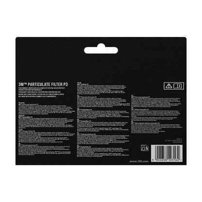 Tył opakowania filtra cząsteczkowego 3M™ 5925, P2, 10 par/opakowanie (3M Deutschland GmbH) z informacjami o produkcie, instrukcjami i wskazówkami bezpieczeństwa - jak ochrona przed pyłem - w kilku językach na czarnym tle. Kod kreskowy i symbole recyklingu w prawym dolnym rogu.