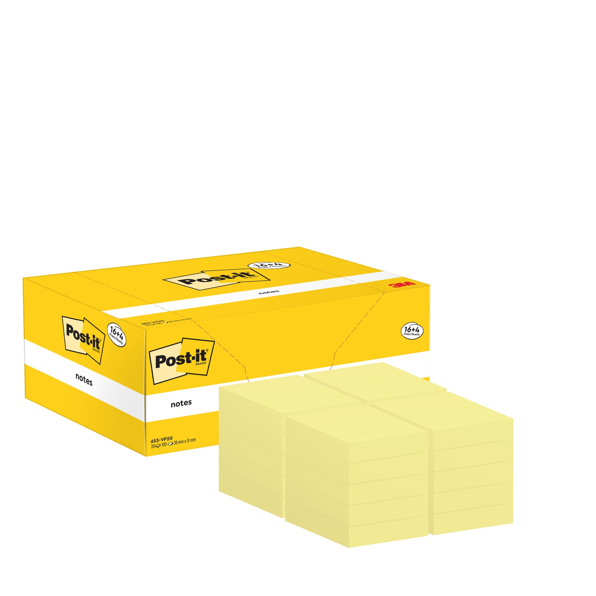 Abgebildet ist eine gelbe Schachtel Post-it® Notes (3M Deutschland GmbH) im Format 38 mm x 51 mm mit 16 Blöcken plus 4 freien Blöcken (100 Blatt/Block), beschriftet mit dem Markenlogo und mit gelben Haftnotizenstapeln davor angeordnet.