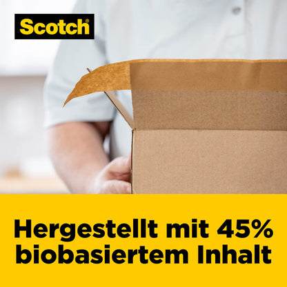 Eine Person hält einen offenen Karton. Links oben ist das 3M-Logo zu sehen. Ein gelbes Banner unten zeigt: "Hergestellt mit 45 % biobasiertem Inhalt." Perfekt für Scotch® Box Lock™ Papier-Verpackungsband, 48 mm x 22,8 m.