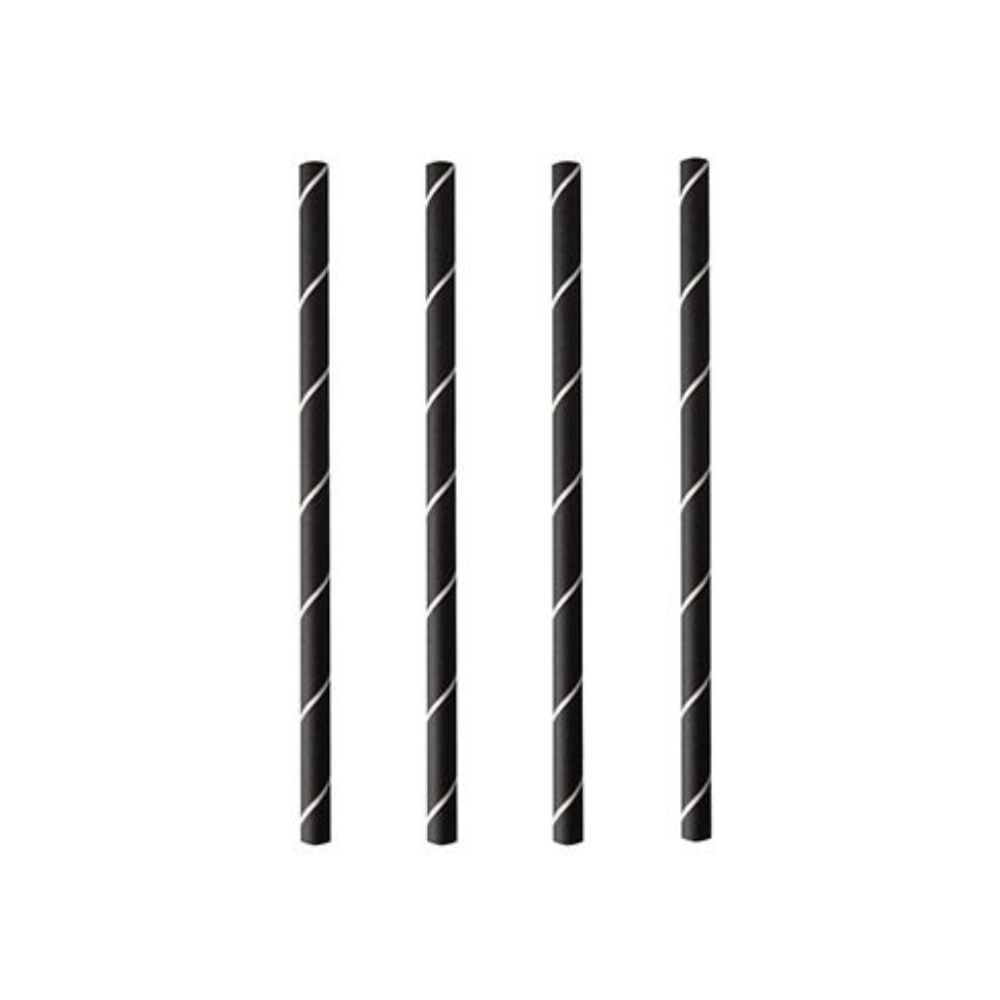 Vier PAPSTAR Cocktailstrohhalme 7 mm, schwarz/weiß "Stripes", 15 cm (250 Stück) der PAPSTAR GmbH sind senkrecht auf weißem Hintergrund angeordnet und heben diese stilvollen und umweltfreundlichen Papierstrohhalme hervor.