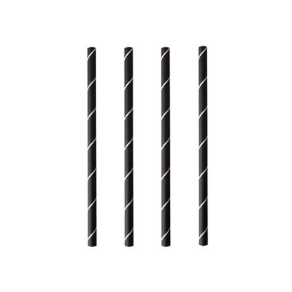 Vier PAPSTAR Cocktailstrohhalme 7 mm, schwarz/weiß "Stripes", 15 cm (250 Stück) der PAPSTAR GmbH sind senkrecht auf weißem Hintergrund angeordnet und heben diese stilvollen und umweltfreundlichen Papierstrohhalme hervor.