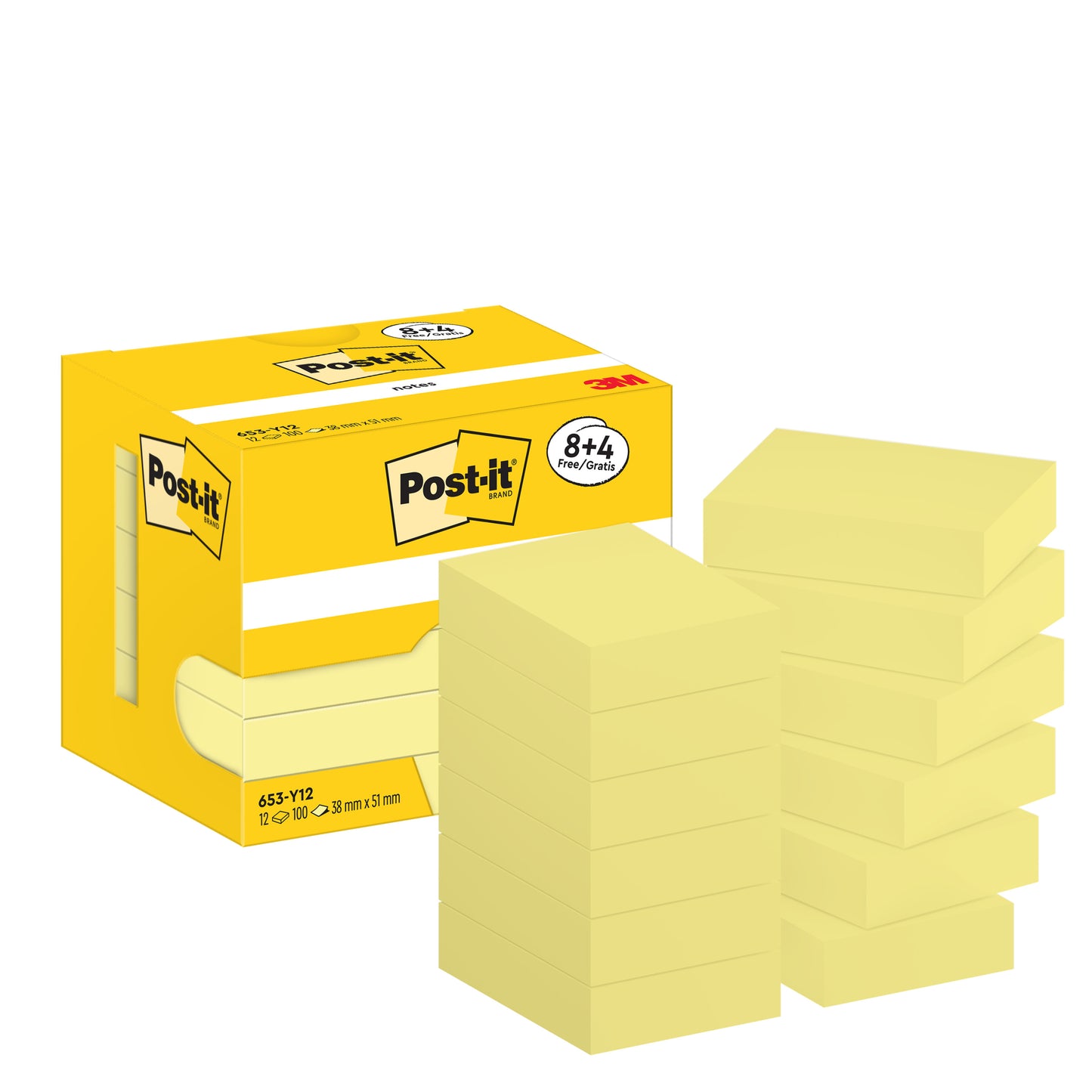 Żółte pudełko Post-it® Notes, Żółty, 38 mm x 51 mm od 3M Deutschland GmbH stoi obok dwunastu stosów z napisem "8 bloków + 4 gratis", każde opakowanie zawiera 100 kartek/blok, w kartonowym opakowaniu z certyfikatem PEFC.
