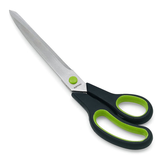 Nożyce tapicerskie Nölle Profi Brush 2K11 z ostrzami ze stali nierdzewnej i czarno-zielonymi ergonomicznymi uchwytami zapewniają precyzyjne cięcia; przedstawione na białym tle. Marka: Nölle Profi Brush Bürsten- & Pinseltechnik e.K.