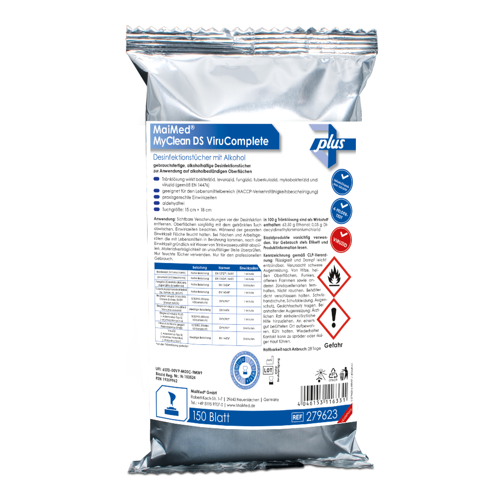 MaiMed MyClean DS ViruComplete Uzupełnienie 120 sztuk. Chusteczki nasączone-neutralne 15x18cm | Opakowanie (150 sztuk)