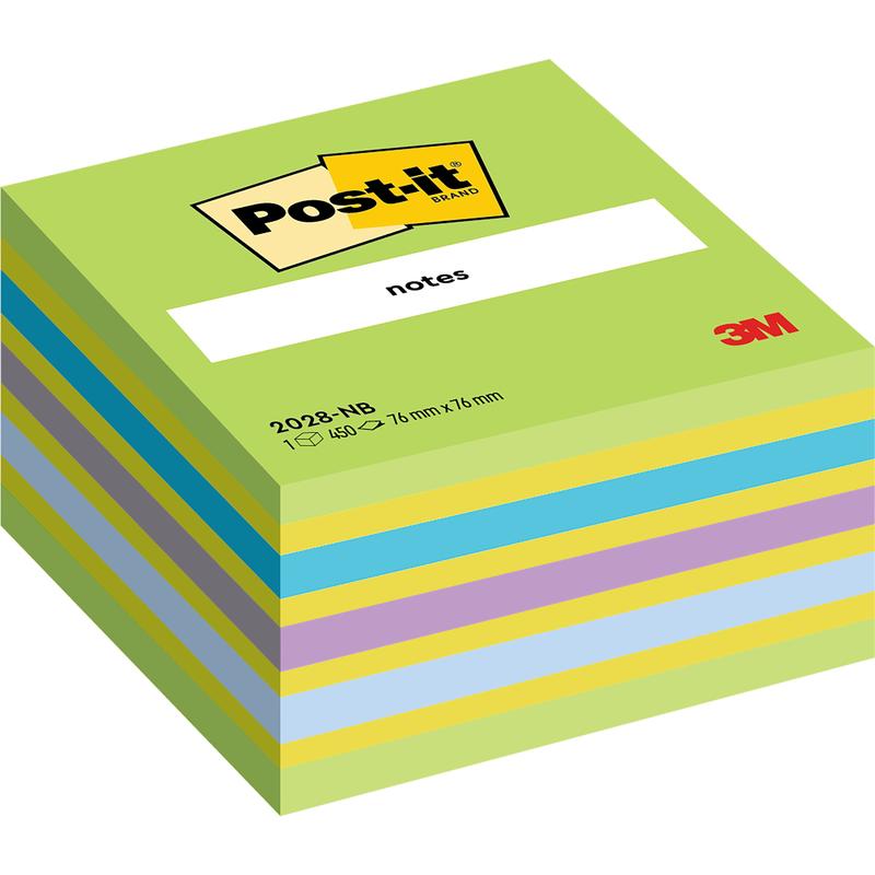 Stos karteczek samoprzylepnych Post-it® Notes, 76 mm x 76 mm, 450 arkuszy/blok firmy 3M Deutschland GmbH, z naprzemiennie niebieskimi, żółtymi, fioletowymi i zielonymi arkuszami. Na górnym arkuszu znajduje się żółta naklejka marki Post-it z czerwonym logo 3M.