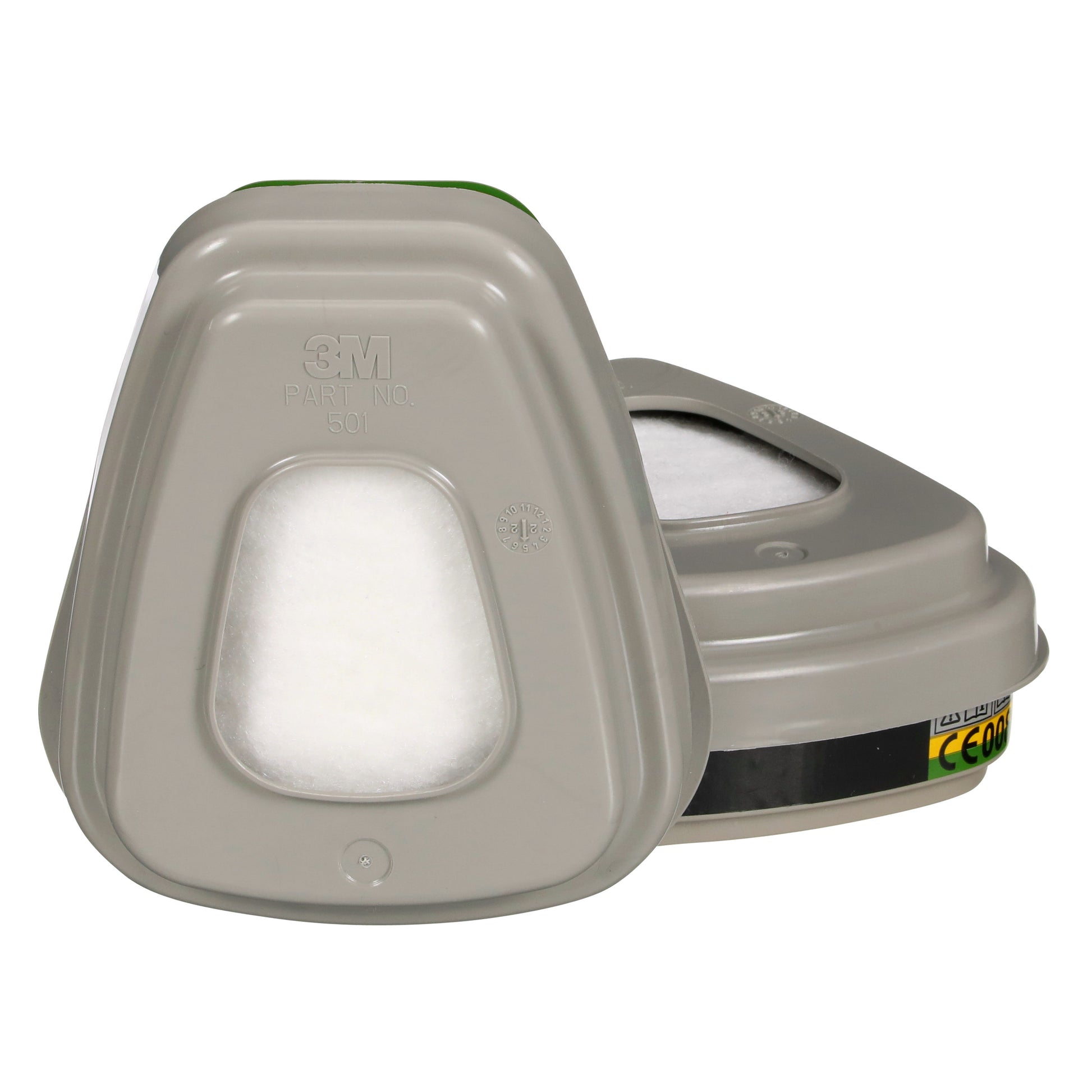 Zwei 3M™ Filtersatz 6004-1SP ABEK1P3 Kombinationsfilter von 3M Deutschland GmbH mit grauen Gehäusen und weißen Filtern sind abgebildet-einer aufrecht, der andere geneigt für optimale Ansicht und effektiven Atemschutz.