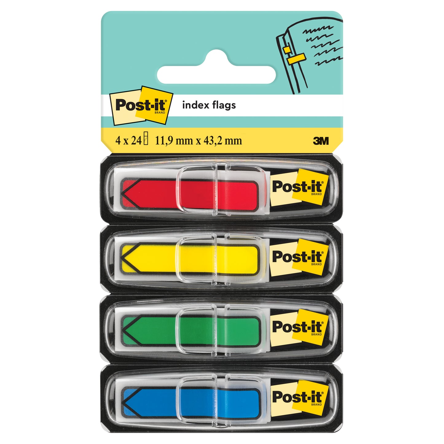 Cztery opakowania strzałek indeksowych Post-it® (11,9 mm x 43,2 mm, 24 zakładek/pojemnik) od 3M Deutschland GmbH są przedstawione w plastikowych pojemnikach z kartonowym tyłem w kolorach czerwonym, żółtym, zielonym i niebieskim.