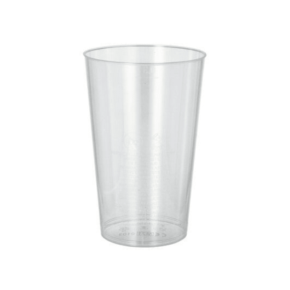 Na białym tle stoi pionowo przezroczysty plastikowy kubek Starpak (PS) 0,3 l, w cylindrycznym kształcie z lekko stożkowym designem i gładką powierzchnią.