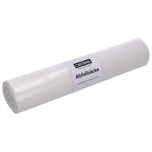 Przezroczysta rolka "DEISS 29770 - 575x1000 mm Typ 60" worków na śmieci od EMIL DEISS KG (GmbH + Co.), zawiera 25 sztuk. Folia opakowaniowa pokazuje wyraźne oznakowanie i tekst dla łatwej identyfikacji i transportu towarów.