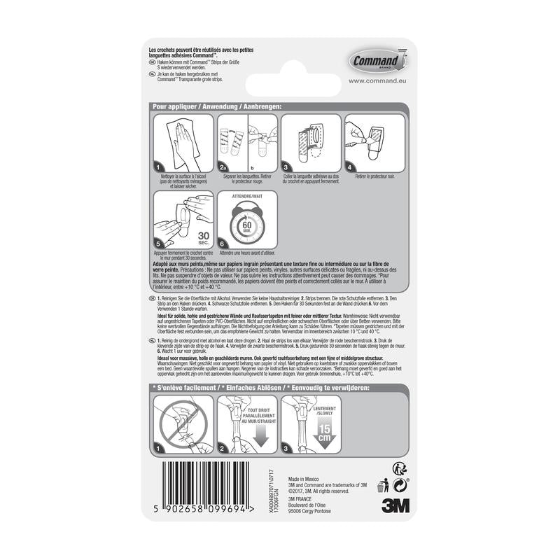 Tył opakowania Command™ Mini-wieszaka 17006 od 3M Deutschland GmbH z instrukcją w wielu językach, diagramami do montażu bez narzędzi, użyciem pasków klejących, ostrzeżeniami, szczegółami produktu, kodem kreskowym - łatwo usuwalne bez pozostawiania śladów.