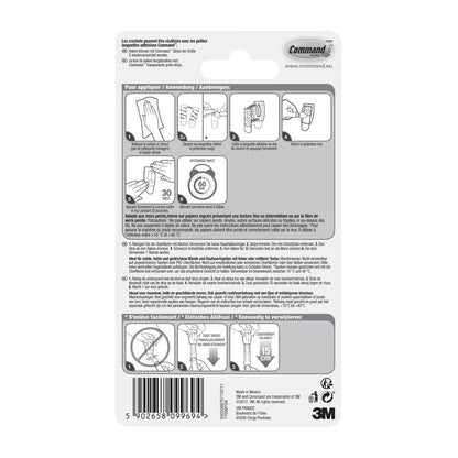 Tył opakowania Command™ Mini-wieszaka 17006 od 3M Deutschland GmbH z instrukcją w wielu językach, diagramami do montażu bez narzędzi, użyciem pasków klejących, ostrzeżeniami, szczegółami produktu, kodem kreskowym - łatwo usuwalne bez pozostawiania śladów.