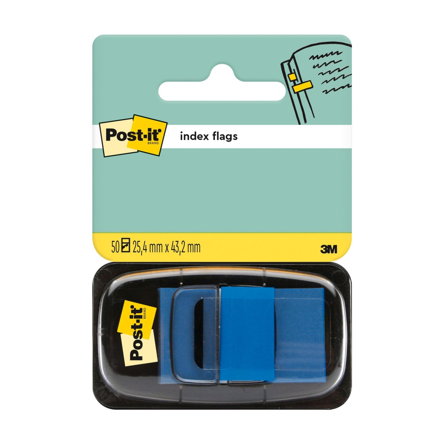 Indeksowe paski samoprzylepne 3M Deutschland GmbH Post-it®, Standard (25,4 mm x 43,2 mm), dostarczane są w opakowaniu zawierającym 50 sztuk w przezroczystym podajniku z markowym kartonem.