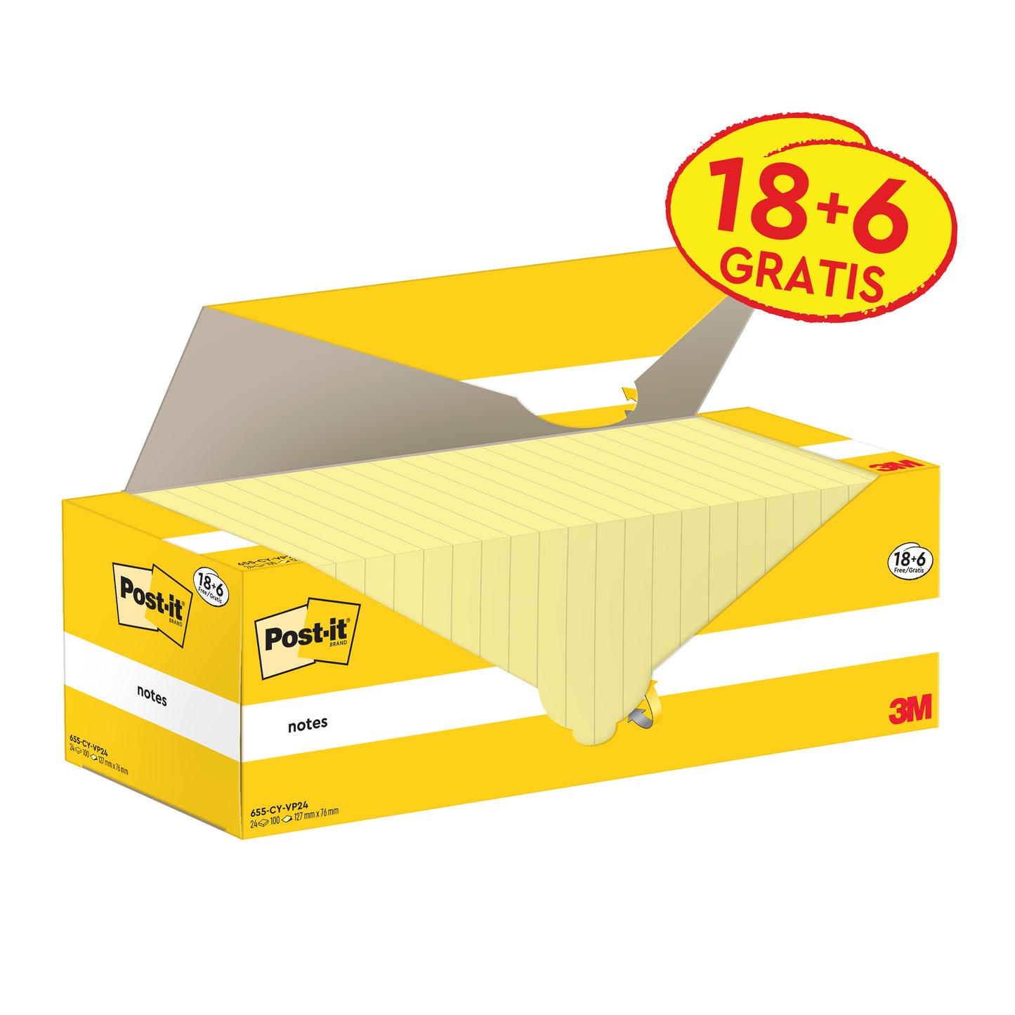Żółto-białe pudełko karteczek samoprzylepnych Post-it® (76 x 127 mm, Żółty) od 3M Deutschland GmbH, z napisem "18 bloków + 6 gratis" na opakowaniu. Zawiera 100 kartek/blok w kartonowym opakowaniu, certyfikowane PEFC.