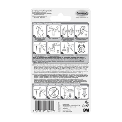 Na tylnej stronie opakowania metalowych haków Command™ "klasycznych" firmy 3M Deutschland GmbH znajduje się ilustrowana instrukcja krok po kroku dotycząca użycia i usuwania, wielojęzyczne porady i informacje bezpieczeństwa oraz kod kreskowy i loga na dole.