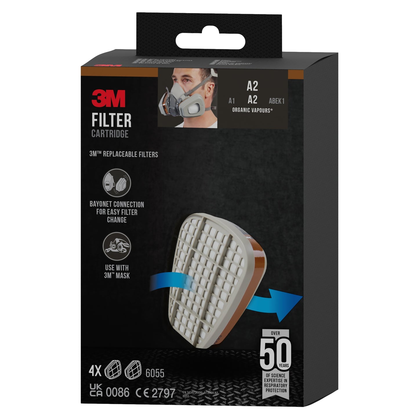 Pudełko z wkładem filtrującym 3M™ 6055, A2 Opary organiczne od 3M Deutschland GmbH, z ilustracją wkładu, osoby z maską i tekstem dotyczącym kompatybilności, typu filtra oraz czterech zawartych wkładów.