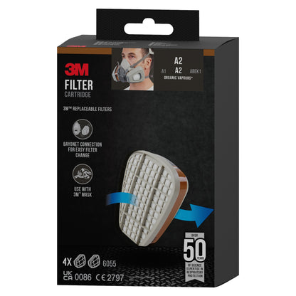 Pudełko z wkładem filtrującym 3M™ 6055, A2 Opary organiczne od 3M Deutschland GmbH, z ilustracją wkładu, osoby z maską i tekstem dotyczącym kompatybilności, typu filtra oraz czterech zawartych wkładów.