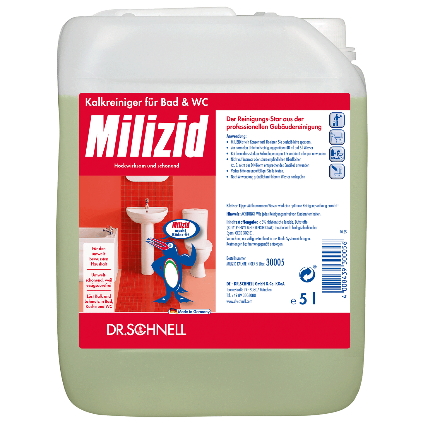 5-litrowy pojemnik Dr. Schnell MILIZID KALKREINIGER firmy DR.SCHNELL GmbH & Co. KGaA, z niemiecką etykietą przedstawiającą armaturę łazienkową i rysunkowego pingwina trzymającego butelkę produktu.