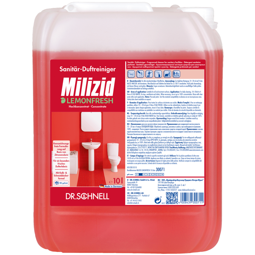Dziesięciolitrowe opakowanie Dr. Schnell MILIZID LEMONFRESH firmy DR.SCHNELL GmbH & Co. KGaA, potężnego koncentratu do czyszczenia sanitariatów o zapachu cytrynowym, pokazuje czerwoną etykietę z informacjami o produkcie oraz ilustracje toalety i umywalki.