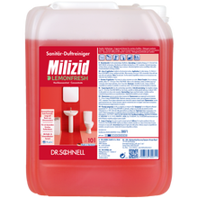Ein 10-Liter-Gebinde von Dr. Schnell MILIZID LEMONFRESH der DR.SCHNELL GmbH & Co. KGaA, einem kraftvollen Sanitärreiniger-Konzentrat mit Zitronenduft, zeigt ein rotes Etikett mit Produktangaben sowie Abbildungen einer Toilette und eines Waschbeckens.