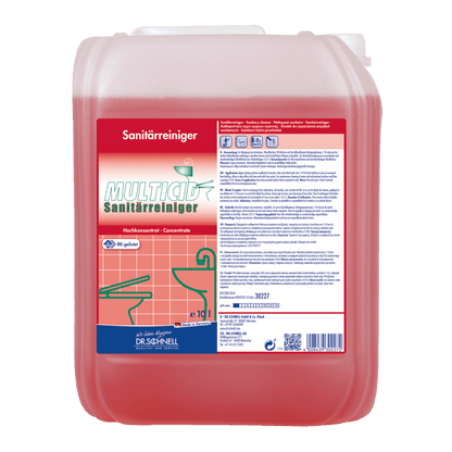 Plastikowy pojemnik o pojemności 10 litrów z Dr. Schnell MULTICID środkiem czyszczącym do sanitariatów firmy DR.SCHNELL GmbH & Co. KGaA, czerwony koncentrat czyszczący do sanitariatów z nadrukowanymi na przodzie etykietami produktowymi i instrukcjami użytkowania.