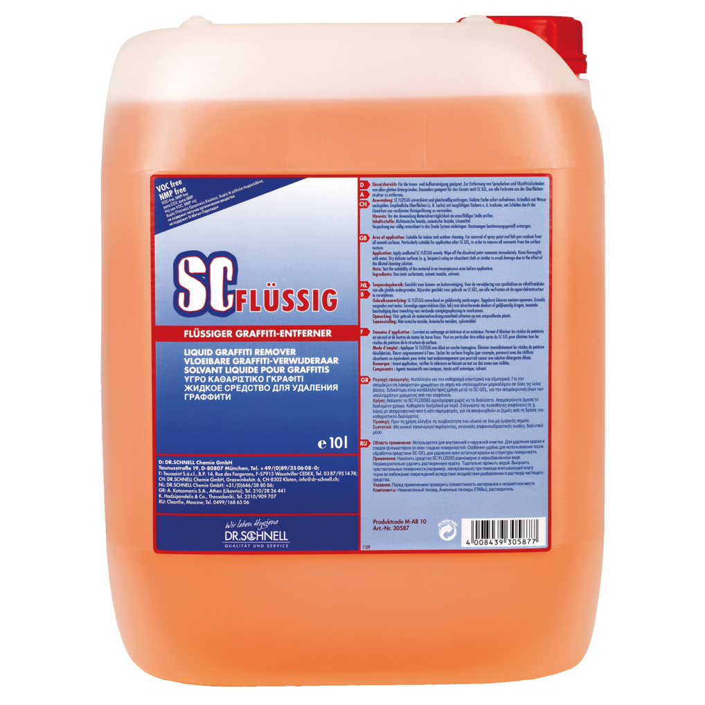Ein 10-Liter-Behälter aus durchsichtigem Kunststoff mit orangefarbener Flüssigkeit und rotem Deckel. Auf dem Etikett steht "Dr. Schnell SC FLÜSSIG Graffitientferner" von DR.SCHNELL GmbH & Co. KGaA, mit Produktinformation in mehreren Sprachen.
