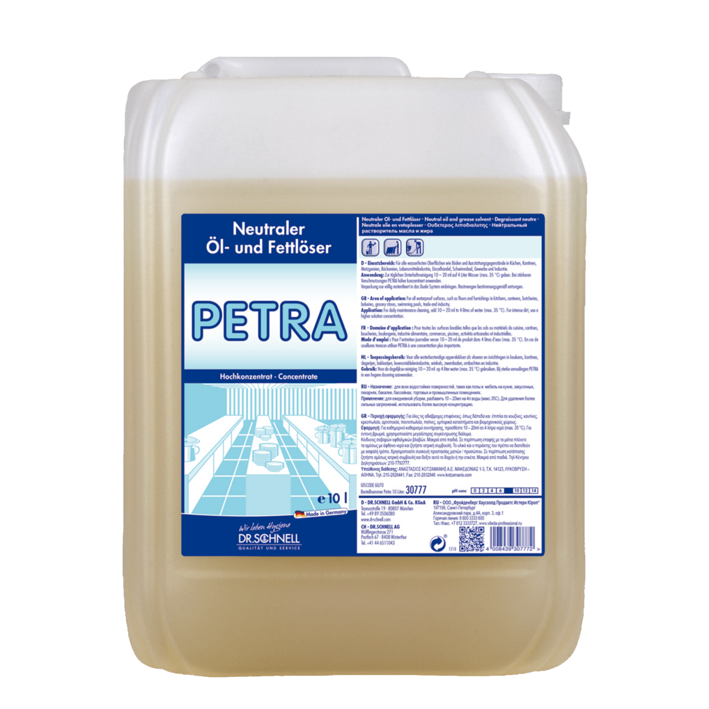 10-litrowy plastikowy pojemnik Dr. Schnell PETRA do usuwania oleju i tłuszczu z powierzchni firmy DR.SCHNELL GmbH & Co. KGaA, z niebiesko-białą etykietą, do skoncentrowanego usuwania oleju i tłuszczu.