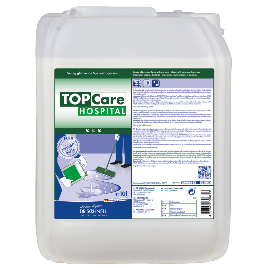 Ein 10-Liter-Kanister der Dr. Schnell TOPCARE HOSPITAL Gebäudereinigung Spezialdispersion der DR.SCHNELL GmbH & Co. KGaA, ideal für die Krankenhausreinigung, mit blau-grünem Etikett und Gebrauchsanweisung sowie einer Abbildung von Mopp und Eimer.
