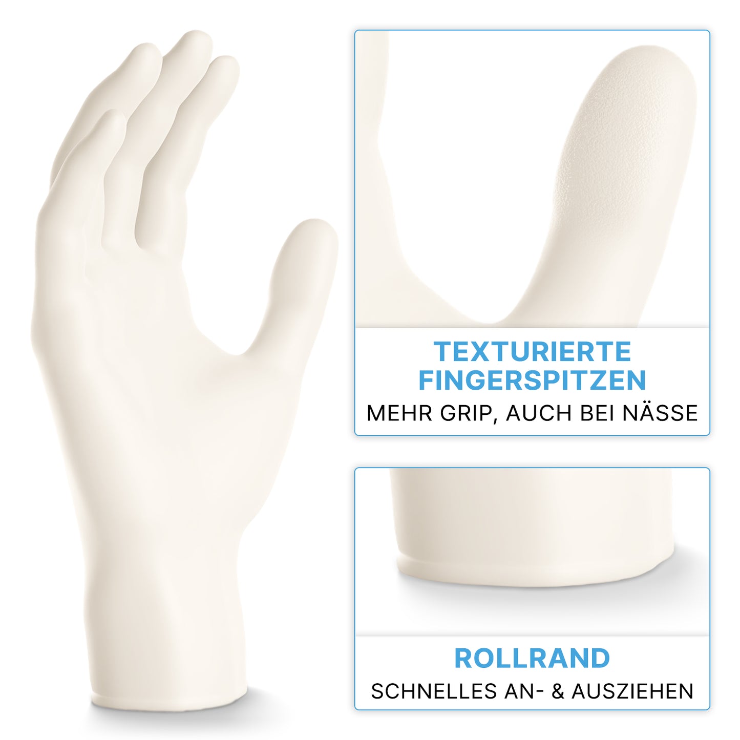Aufrecht stehend ist ein ARNOMED NITRIL WHITE 200er Nitrilhandschuh der ARNOWA GmbH abgebildet, der mit seinen texturierten Fingerspitzen und dem Rollrand für Griffigkeit und einfaches Anziehen sorgt - ideal als Einweghandschuh.